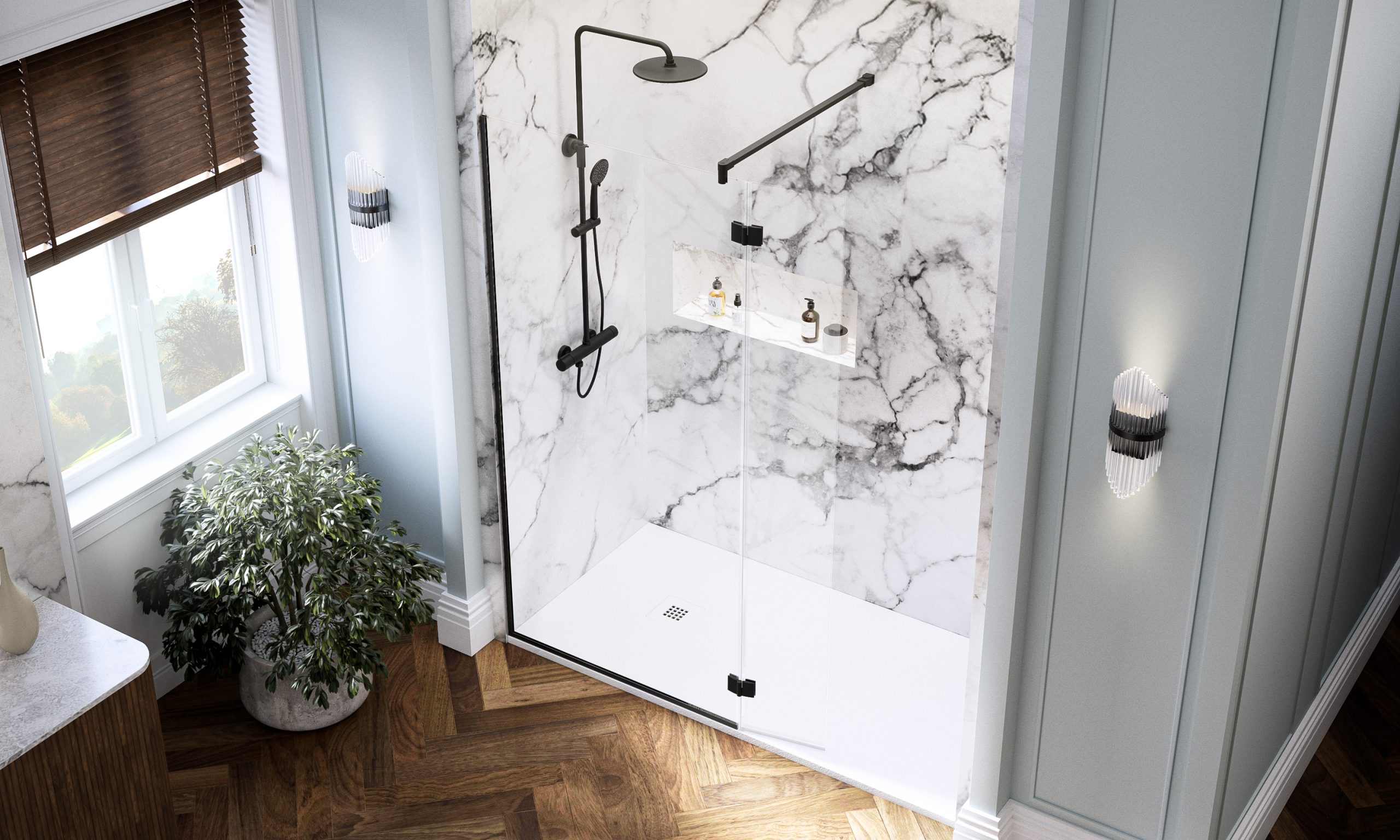i9-Hinged-overhead-Matt-Black-wetroom--scaled